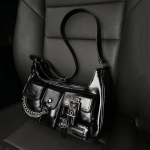 Moodne Y2K lahe t&uuml;drukustiilis naiste &otilde;lakott Vintage PU-nahast kettdekoor, must kaenlaaluse kott 30x8x20cm