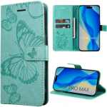 Coque pour iPhone 17 Pro Max, Protection Antichoc Anti-Rayures Cuir PU Vert Motif Relief Papillons