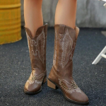 Boheemia Etniline Tikand L&auml;&auml;ne Kauboi Saapad Naised S&uuml;gis Seksikad Terava Ninaga Keskmise Kontsaga Ratsasaapad Pealelibistatavad Keskmise S&auml;&auml;rega Saapad 37 pruun