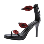 Seksikad Kristallpunased Huuled K&otilde;rge Kontsaga Sandaalid Avatud Varvas Stilettos Naistele Must H&otilde;bedane Bling Huulte Rihmad Gladiaator L&otilde;ikega Banketikingad 34