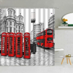 Londoni Arhitektuur T&auml;navavaade Du&scaron;ikardinad Armastajad Big Ben Punane Telefonikabiin Sild Veekindel Kangas Vannitoa Dekoor Curta 90x180cm white