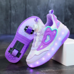 Lapsed Kaks T&uuml;drukut Rattad Helendavad S&auml;risevad Tossud Kontsad Roosa LED Valgus Rulluisud Kingad Lapsed LED Kingad USB Laadimine Mood 29