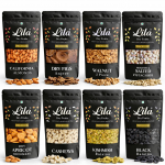LILA KUIVPUUVILJAD Kombo Pakk 8 &uuml;hes Mandlid Ka&scaron;up&auml;hklid Kreeka p&auml;hklid Viigimarjad Aprikoosid Kuldne Must rosin Soolatud pistaatsia 100 g x 8 tk iga&uuml;ks | Valik premium kuiv