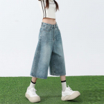 Naiste suvised vintage lihtsad vabaaja teksap&uuml;ksid Capri, naiste t&auml;navamood Y2K k&otilde;rge v&ouml;&ouml;koht laiad sirged laia s&auml;&auml;rega teksap&uuml;ksid Pantalones S sinine
