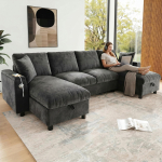 Kaasaegne U-kujuline diivan, valmistatud &scaron;enillist (2-kohaline + kaks lamamistooli), klappkaane hoiuruumiga, 1 USB-port, 1 Type-C port, hall, 279 x 135 x 84 cm 279 x 135 x 84 cm hall
