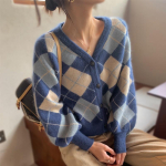 Y2K &uuml;lisuur naiste silmkoeline jakk Vintage Argyle kardigan kampsun Korea stiilis ruuduline &uuml;herealine s&uuml;gisene džemper S gray
