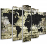 Viieosalise pildiga l&otilde;uendiprint Maailmakaart Retro Wood 100x70 must