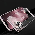 Luksuslik metallist raamiga telefoni&uuml;mbris iPhone 14 13 12 Pro Max t&auml;isobjektiiviga klaasist kate, l&auml;bipaistev tagakaas For iPhone 12 must