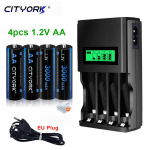 Cityork 1,2 V AA 3000 mAh NI-MH aku Taaslaetav 2A aku Eellaetud aku Madal iset&uuml;hjenemine AA akud + LCD laadija