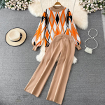 S&uuml;gis/talvine pikkade varrukatega kottis ruuduline kampsun + k&otilde;rge v&ouml;&ouml;kohaga kootud sirge s&auml;&auml;rega Laia s&auml;&auml;rega p&uuml;ksid Kaheosaline komplekt One Size &scaron;ampanjav&auml;rvi