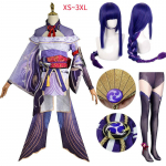 Raiden Shogun Cosplay Kost&uuml;&uuml;m Parukas Lilla Pikad Juuksed Halloweeni Kost&uuml;&uuml;mid T&auml;iskomplekt Baal Shougun Cosplay L-(Full set+wig)