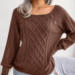 Naiste s&uuml;gistalvine vabaaja ruudukujuline kaelusn&ouml;&ouml;biga praetud taignast keerduv kootud pullover kampsun L kohv