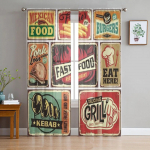 Retro toidurestorani sildid ja plakatid T&uuml;llist l&auml;bipaistvad kardinad elutuppa, magamistuppa, k&ouml;&ouml;ki Kaunistus Voile Organza kardinad 135W x 114H(cm)