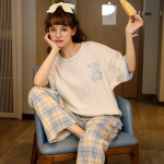 Naiste mood, l&uuml;hikeste varrukatega, &uuml;mara kaelusega pullover, ruuduline p&uuml;kste komplekt, vaba mugav koduvarustus magamisriided koduriided pidžaamad 2 tk M heleroheline v&auml;rv