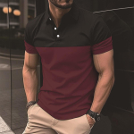 New fashion men's casual POLO shirt fashion V-neck button business colour blocking T-shirt tops S burgundiapunane