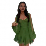 Peokleit Pikk L&otilde;hik Laterna Varrukad Leopardi Mustriga Madala V-kaelusega Volangidega Liibuv V&ouml;&ouml;koht A-l&otilde;ikeline Ristuv Wrap Pitsiga Paeltega Plisseeritud Klubi Balli Mini Kleit M roheline