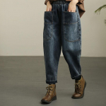 Naiste tasku elastne v&ouml;&ouml;koht Denim k&auml;rbitud p&uuml;ksid haaremi p&uuml;ksid Retro distressed k&otilde;rge v&ouml;&ouml;kohaga haaremi p&uuml;ksid pahkluu pikkused Bloomers L sinine