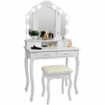 Coiffeuse en bois blanc avec miroir et tabouret &eacute;clair&eacute;s par LED - 75x40x144 cm
