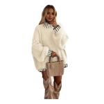 Naiste Oversized Pullover Kampsun Turtlene kaelusega Pikkade Varrukatega Patchwork V&auml;rvilised Talvised Kudumistopsid M valge