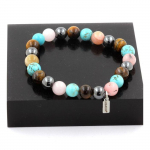 Pierres et Min&eacute;raux. Bracelet Perles Oeil de Tigre + H&eacute;matite + Opale Rose + Turquoise 8 Fabriqu&eacute; en France.
