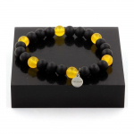 Pierres et Min&eacute;raux. Bracelet Perles Agate jaune + Onyx noir mat 8 mm. Fabriqu&eacute; en France.