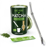 Th&eacute; vert Matcha instantan&eacute; en sticks + paille inox avec filtre