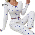 Naiste pitsiga pidžaamakomplekt pikkade varrukatega V-kaelusega esin&ouml;&ouml;biga topid t&auml;ispikad p&uuml;ksid magamisriided &ouml;&ouml;riided S sinine