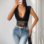 Naiste Uus Peo Vabaaja Seksikas Sada Varrukateta Pitsist V-kaelusega Bodysuit S must