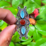 Aqua Chalcedony, Carnelian 925 Sterling Silver Gift Ring Size 10.5 j2n97