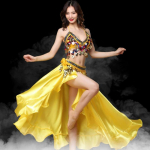 T&auml;iskasvanud daami naiste k&otilde;hutantsukost&uuml;&uuml;m, idamaine k&otilde;hutantsu seelik, lavaesinemine, 3tk komplekt rinnahoidja v&ouml;&ouml; seelik k&otilde;hutantsur&otilde;ivad M kollane