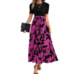 Suvekleit &Uuml;mmargune kaelus L&uuml;hikeste varrukatega K&otilde;rge v&ouml;&ouml;koht Pikk kleit Liitekohtadega S roosa punane v&auml;rv