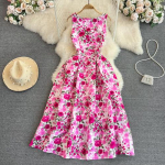 Uus suvine br&auml;ndidisainer Vintage Print Rose Runway kleidid Naistele Varrukateta Pikad Maxi Kuulsuste Peokleidid S roosa