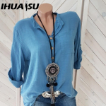 IHUASU Naiste mood vabaaja &uuml;hev&auml;rvilise tr&uuml;kiga pikkade varrukatega POLO kaelusega pluusid ja s&auml;rgid S valge