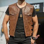 Meeste ehtsast nahast vest, biker-stiilis vest mitme taskuga, reguleeritavate rihmadega, must ja pruun variant M pruun