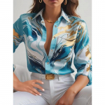 Naiste mood vabaaja kevade s&uuml;gisv&auml;rvi plokkprintidega pikkade varrukatega POLO kaelusega pluusid ja s&auml;rgid XL sinine