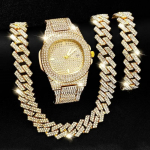 Peen Kaelakee+Kella+K&auml;ev&otilde;ru Hip Hop R&auml;ppar Kuuba Kett Kuldne V&auml;rv J&auml;&auml;ga Kaetud Sillutatud Rhinestone Meeste Aafrika Ehtekomplekt Uus