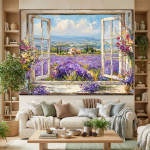 Lavendliv&auml;lja seinavaip, Lilleline esteetiline maastik Akna seinavaibad, Romantiline kodu sisustus elutuppa magamistuppa 250x180CM