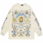 DRIPX Meeste Retro Streetwear T-s&auml;rk Jumalate Graafiline Hip Hop T-s&auml;rk Rist Casual T-s&auml;rk Pikkade varrukatega Puuvillased Topid T-s&auml;rgid Unisex Hipster Beež M beež