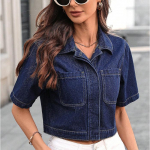 Naiste Polo Kraega L&uuml;hikeste Varrukatega Denimmantel Vaba L&otilde;ikega Vabaaja Denim Top Suvine L&uuml;hike &Uuml;ler&otilde;ivas XS sinine