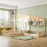 Lastevoodi 90x200 cm (140x70 cm) aknariiulite, LED-valgusriba, turvapiirde ja lippidest raamiga t&auml;ispuidust voodiraamiga, SKU LDB00288AAN 242 x 204.5 x 173.5 cm