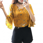 shellhome Office Lady Fashion Flower Print Half Flare Sleeve V kaelusega &scaron;ifoonpluusis&auml;rk XXXL valge