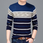 Meeste pullover pikkade varrukatega soe kampsun &uuml;mmarguse kaelusega triibuline pullover, pehme ja mugav s&auml;rk 3XL sinine