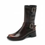 Krazing Pot Cow Nahast Talvine &Uuml;mmargune Toe Paks Kesk kontsad L&auml;&auml;ne saapad Gradient v&auml;rvi T&otilde;mblukk Retro Metal Pandla S&auml;&auml;re keskosa Saapad 34 must