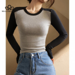 Puuvillane &uuml;mara kaelusega kontrastne Raglan Sleeve Base s&auml;rk naiste s&uuml;gisene sisemine salendav pikkade varrukatega T-s&auml;rk top S must