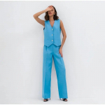 Naiste puuvillase joonega vesti kaheosaline komplekt, sinine varrukateta V-kaelusega n&ouml;&ouml;pidega vestid k&otilde;rge v&ouml;&ouml;kohaga laia s&auml;&auml;rega p&uuml;ksid 2023. aasta suvine vabaaja komplekt S sinine