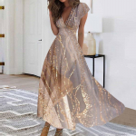 Naiste pikk kleit Maxi kleit vabaaja kleit Sifoonist kleidid Swing Kleit vabaaja t&auml;iskasvanud &otilde;ues Igap&auml;evane kohting, volangidega l&uuml;hikeste varrukatega V-kaelusega kleit XL