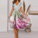 Naiste mood ja sobiv suvine temperament V-kaelusega tr&uuml;kitud l&uuml;hikeste varrukatega kleit XXXL