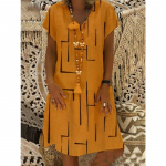 Naiste suvised plusssuuruses tr&uuml;kitud joonega lahtised V-kaelusega l&uuml;hikeste varrukatega kleidid S khaki