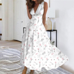 Naiste pikk kleit Maxi kleit vabaaja kleit Suvine vabaaja varrukateta V-kaelusega Boho v&ouml;&ouml;koha tagasit&otilde;mbega kleit tr&uuml;kiga S valge