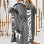 Naiste Vaba Pikk Kampsun Kirjade Tikandiga Keskmise Pikkusega Kampsun S&uuml;gis Talv Vintage Kapuutsiga Kudumid Kootud Mantel S hall v&auml;rv